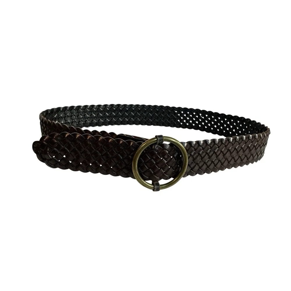 Vtg Reversible Braided Leather Wide Belt Blk/Brwn Brass Round Buckle 42